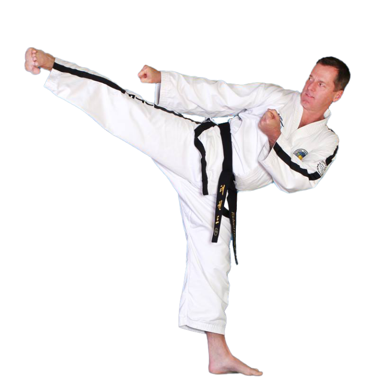 Surrey Taekwon-Do founder Richard Hamilton, VII Dan, kicking into the air